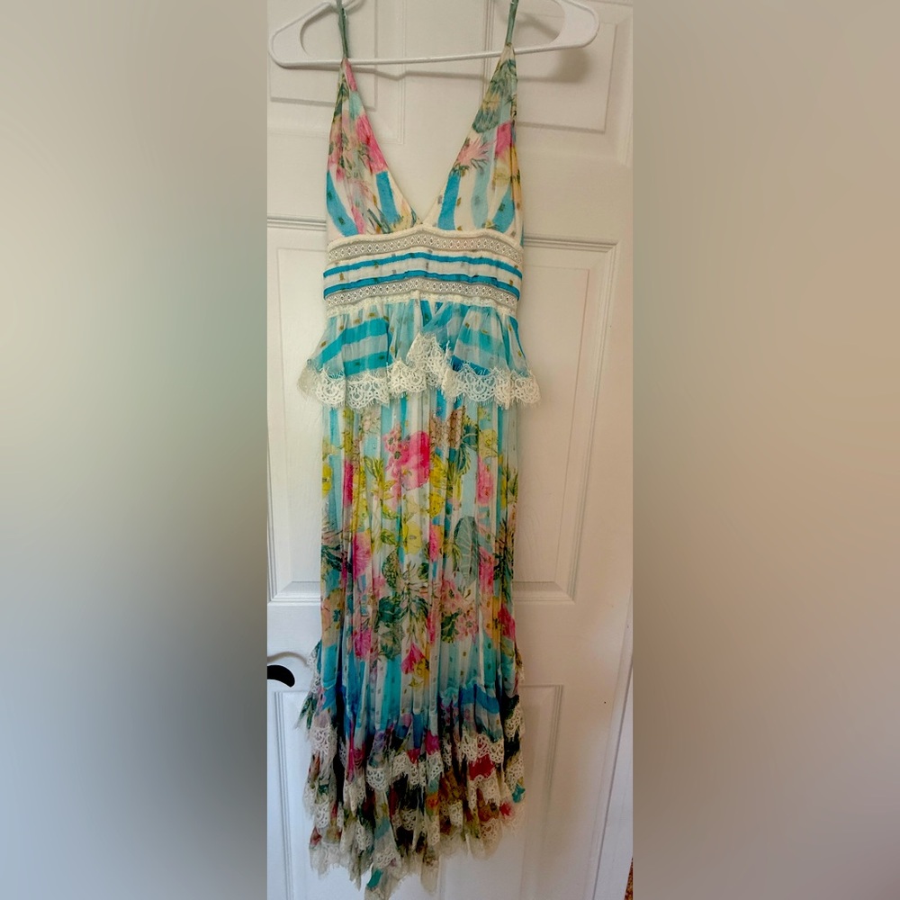 Rococo sand Lily Maxi Dress Blue Stripe Pineapple Floral Medium EUC LoveShack